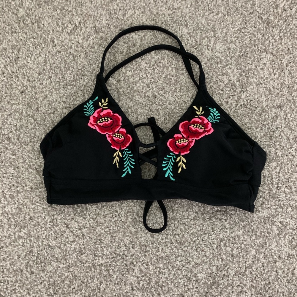 Black swimsuit top with embroidered roses